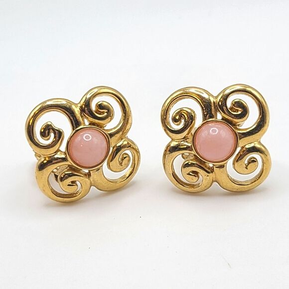 Elegant Gold and Pink Swirl Earrings, Clip On - Picture 3 of 4